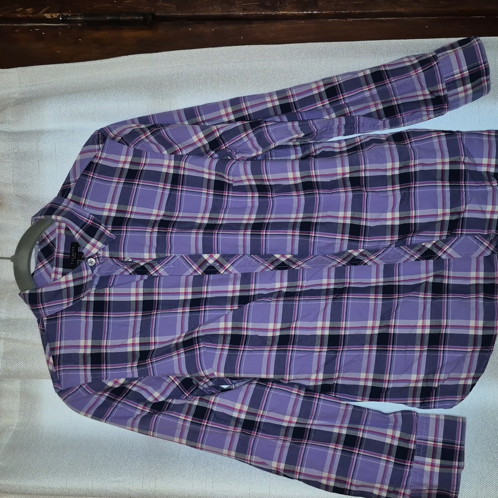 Talbots Women Medium Petite Purple Plaid Long Sleeve Button Up Shirt Prep Preppy